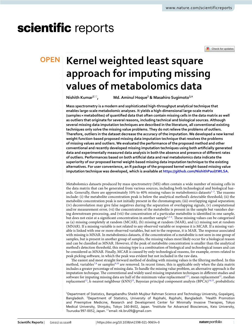 Kernel Weighted Least Square Approach for Imputing Missing Values of Metabolomics Data Nishith Kumar1*, Md