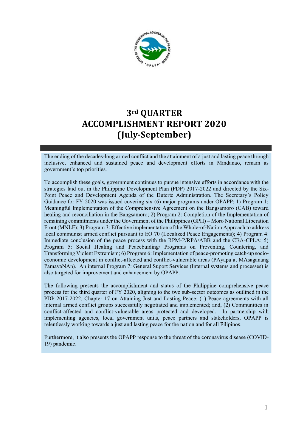 OPAPP 3Rd Quarter Accomplishment Report 2020