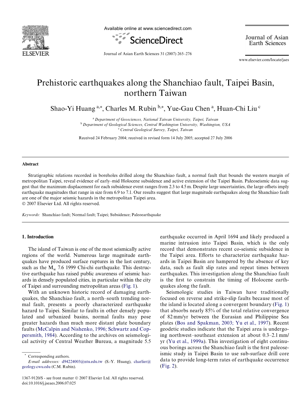 Prehistoric Earthquakes Along the Shanchiao Fault, Taipei Basin, Northern Taiwan