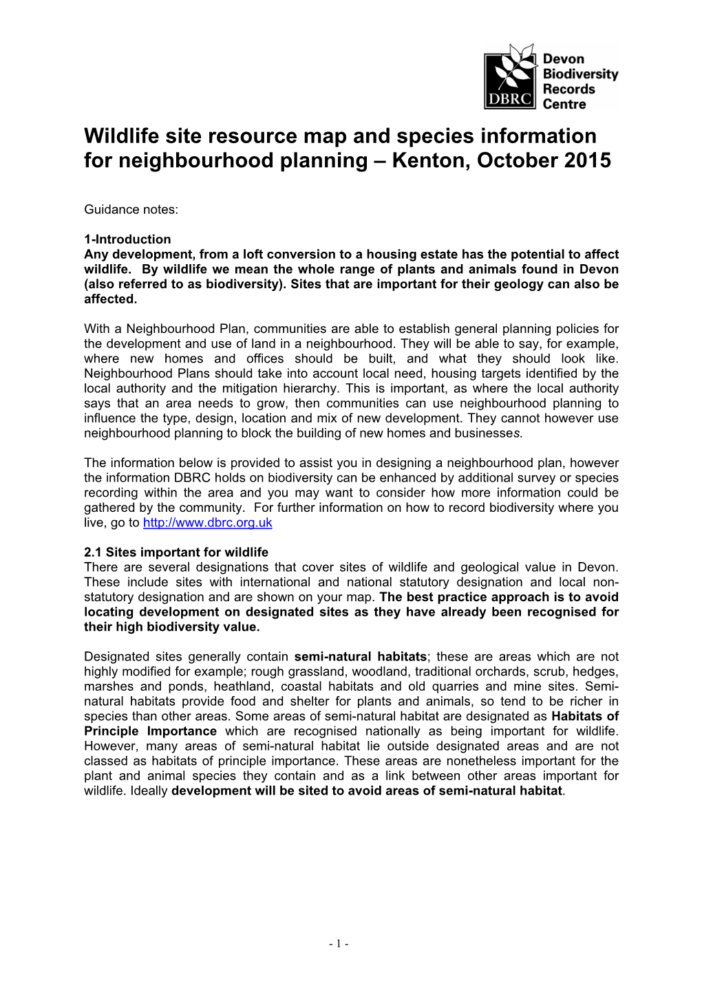 Wildlife Site Resource Map and Species Information for Neighbourhood Planning – Kenton, October 2015