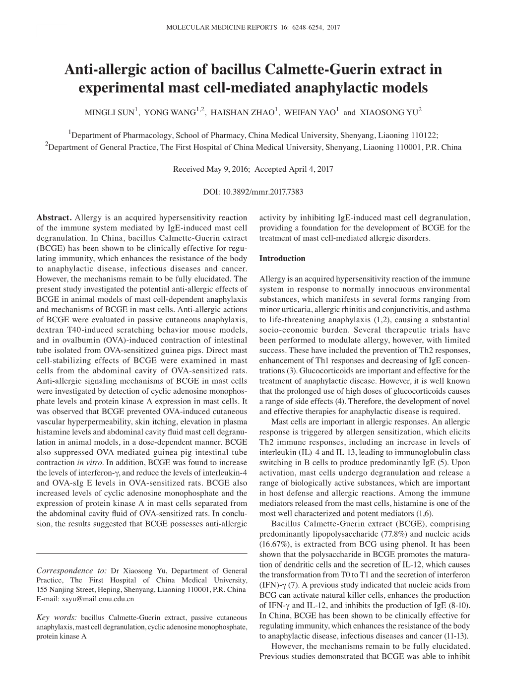 Anti‑Allergic Action of Bacillus Calmette‑Guerin Extract in Experimental Mast Cell‑Mediated Anaphylactic Models