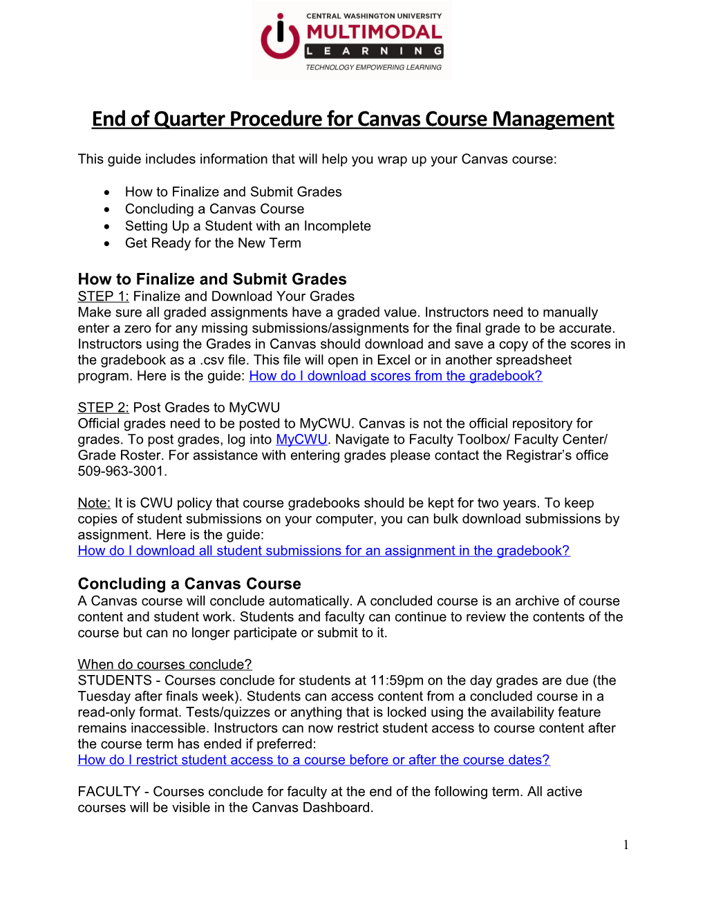 End of Quarter Procedure for Canvas Course Management