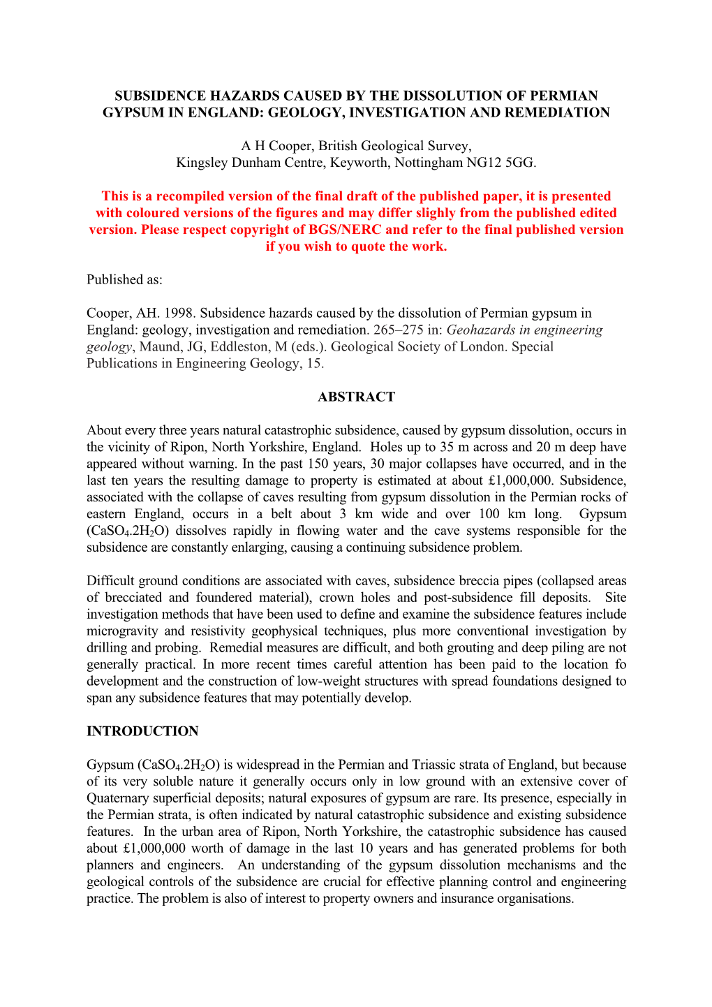 Subsidence Hazards Caused by the Dissolution of Permian Gypsum in England: Geology, Investigation and Remediation