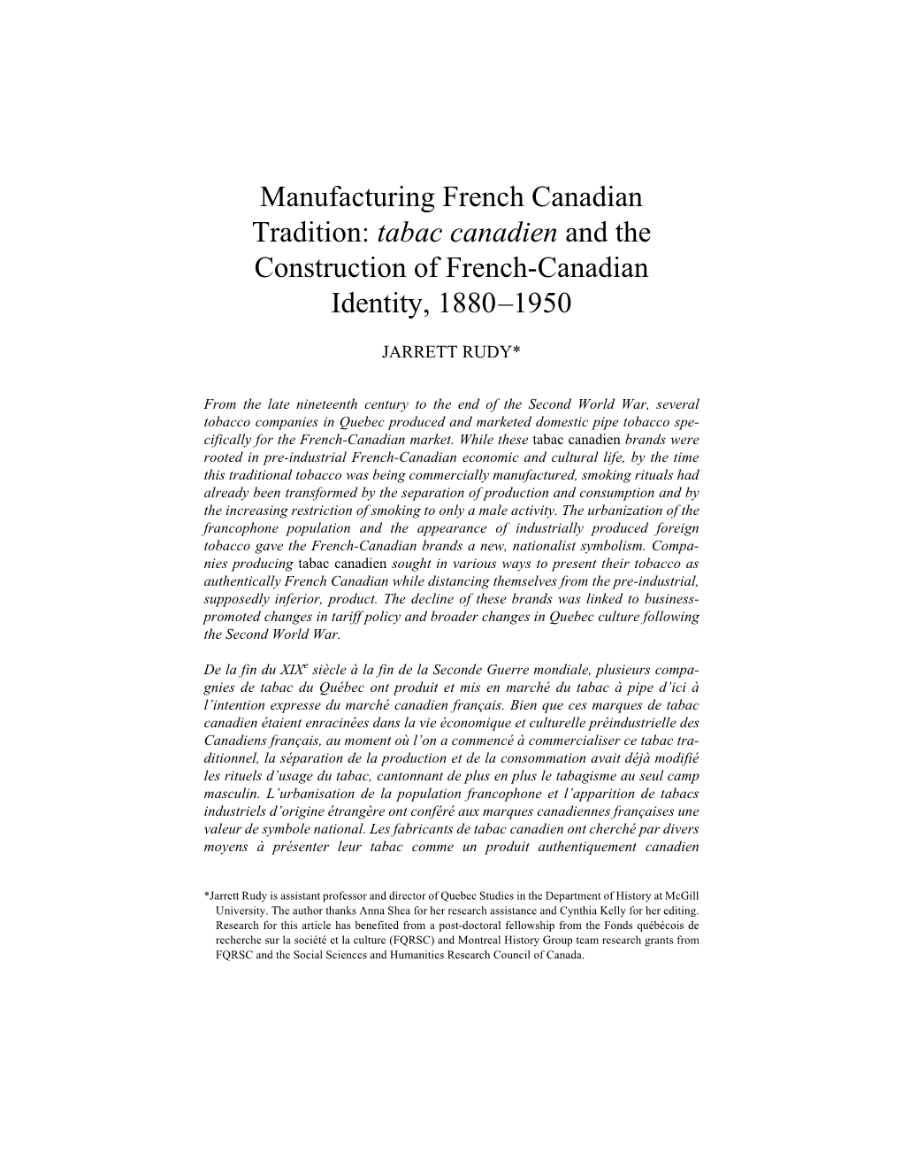 Manufacturing French Canadian Tradition: Tabac Canadien and the Construction of French-Canadian Identity, 1880–1950