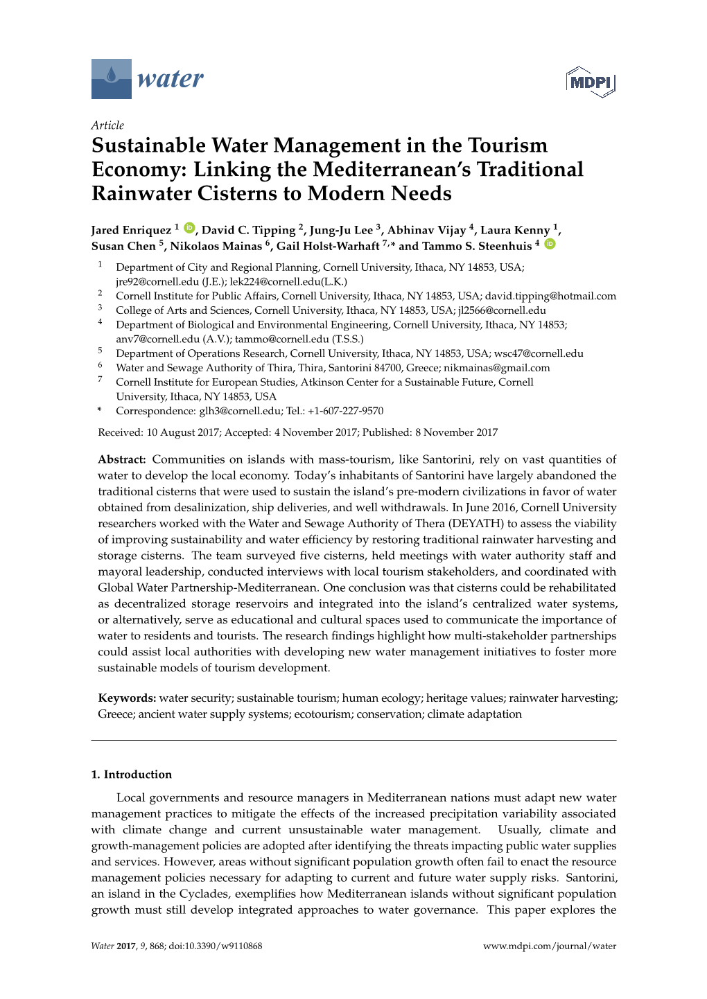 Sustainable Water Management in the Tourism Economy: Linking the Mediterranean’S Traditional Rainwater Cisterns to Modern Needs