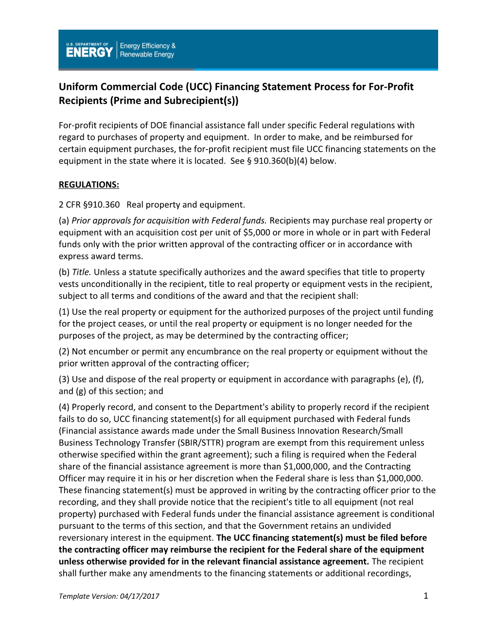 Uniform Commercial Code (UCC) Financing Statement Process for For-Profit Recipients