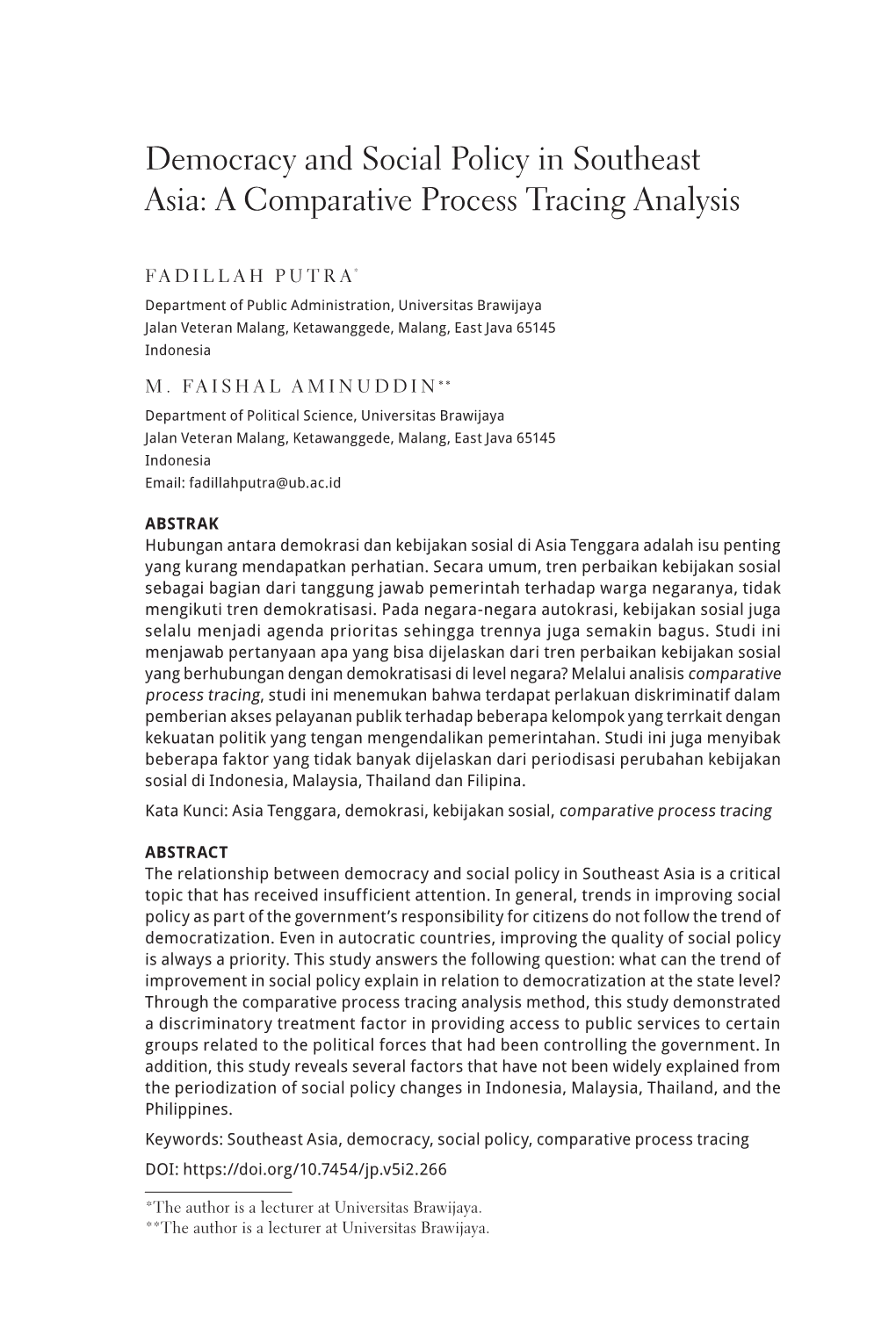 Democracy and Social Policy in Southeast Asia: a Comparative Process Tracing Analysis