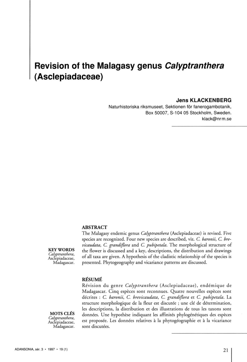 Revision of the Malagasy Genus Calyptranthera (Asclepiadaceae)