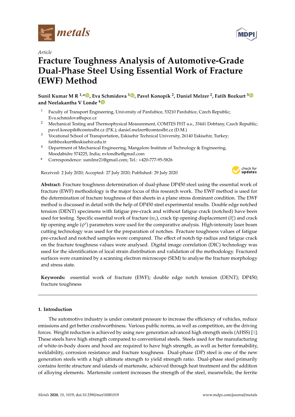 Fracture Toughness Analysis of Automotive-Grade Dual-Phase Steel Using Essential Work of Fracture (EWF) Method