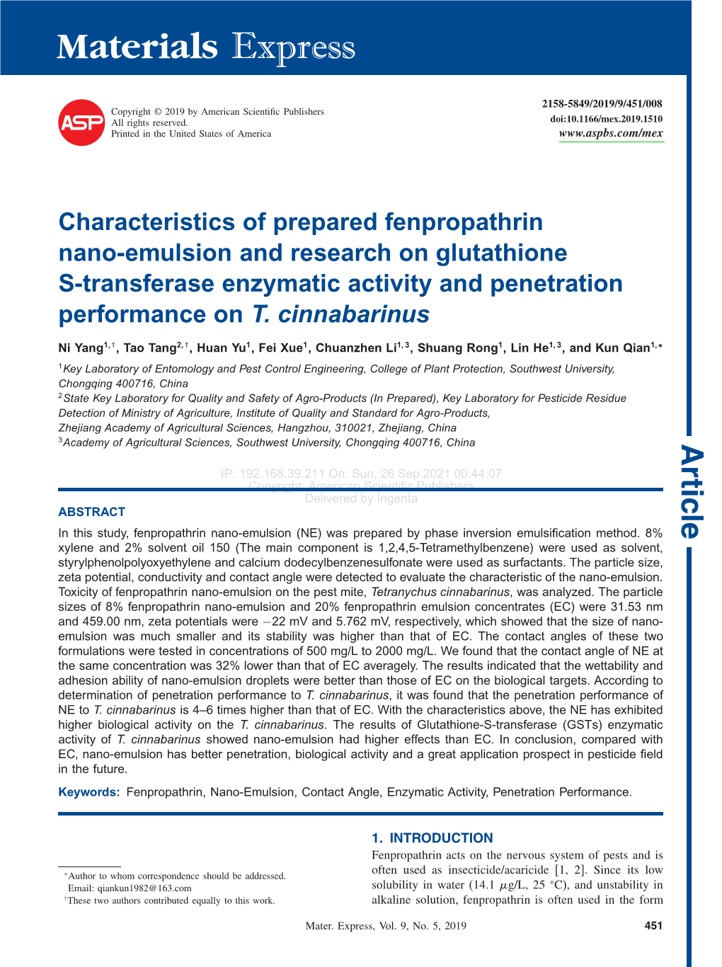 Characteristics of Prepared Fenpropathrin Nano-Emulsion and Research on Glutathione S-Transferase Enzymatic Activity and Penetration Performance on T