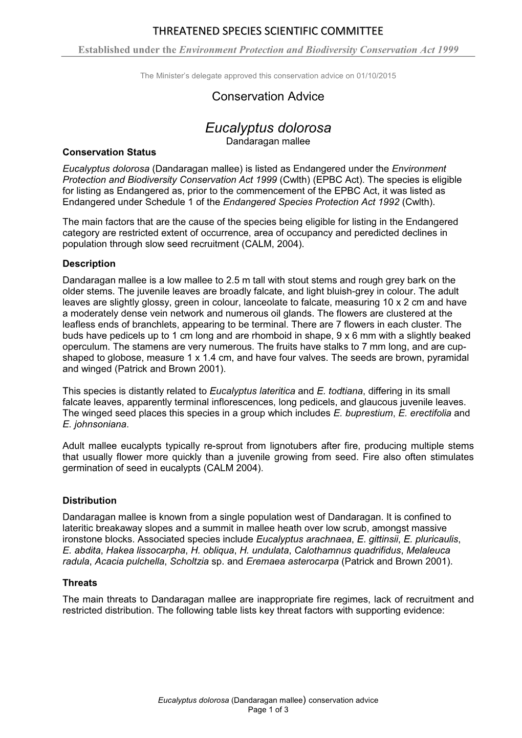 Conservation Advice Eucalyptus Dolorosa