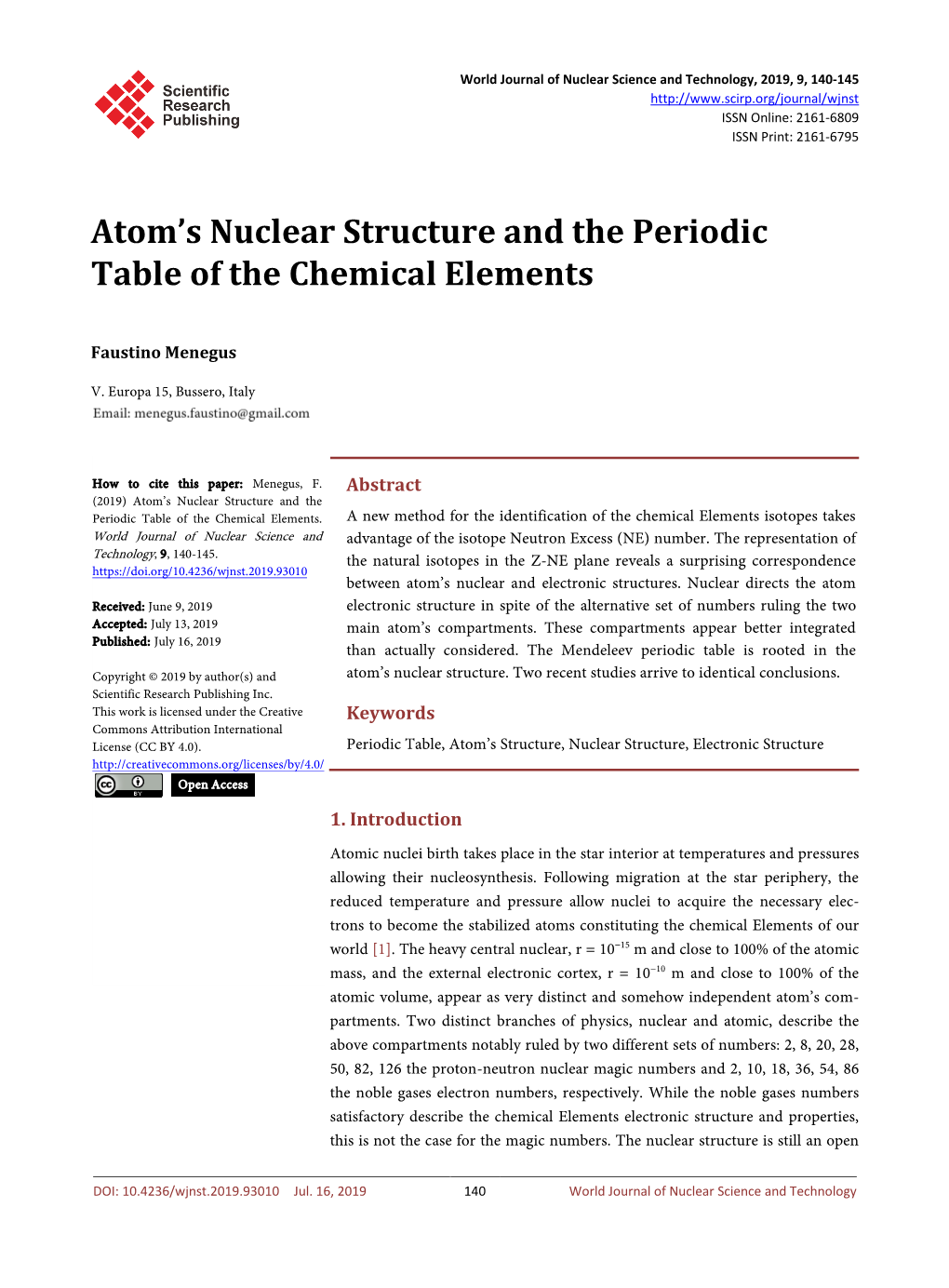 Atom's Nuclear Structure and the Periodic Table of the Chemical