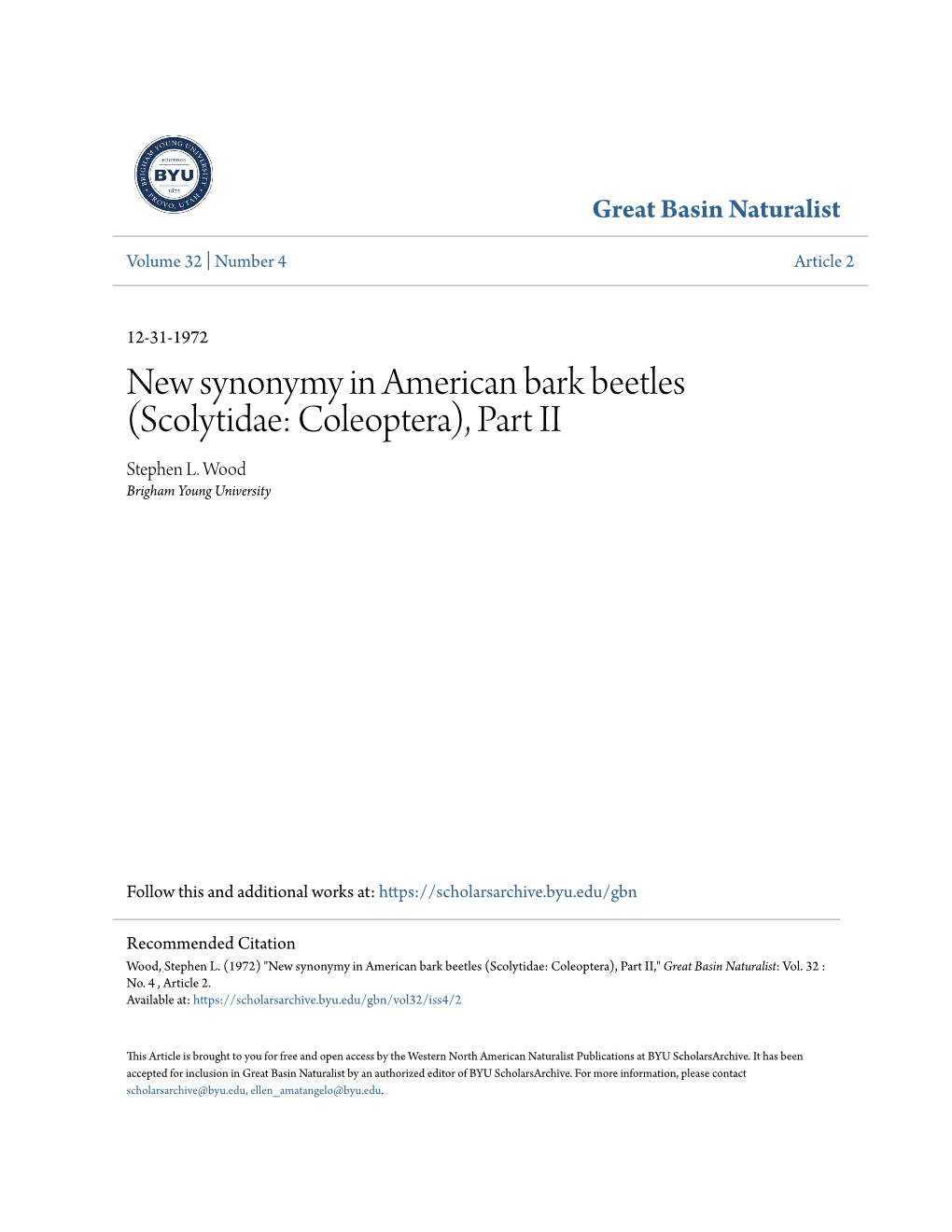 New Synonymy in American Bark Beetles (Scolytidae: Coleoptera), Part II Stephen L