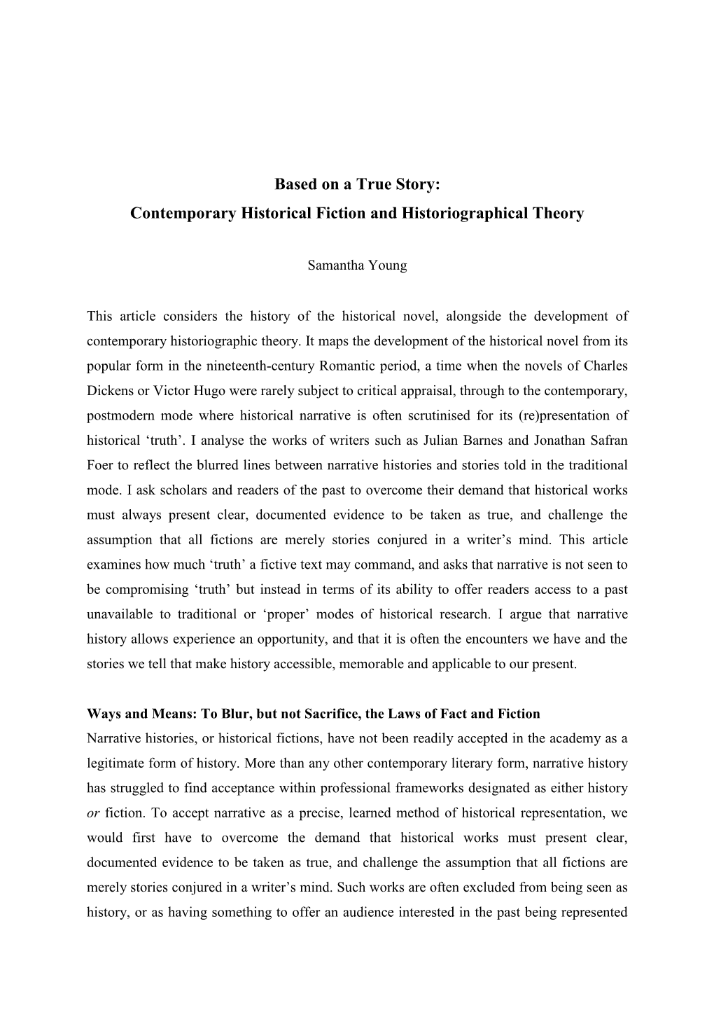 Contemporary Historical Fiction and Historiographical Theory