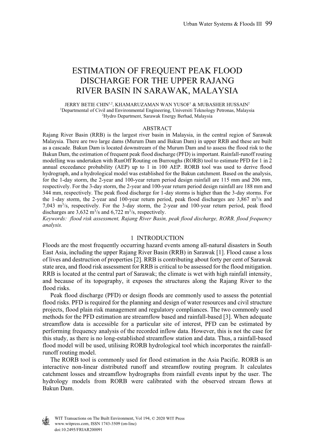 Estimation of Frequent Peak Flood Discharge for the Upper Rajang River Basin in Sarawak, Malaysia