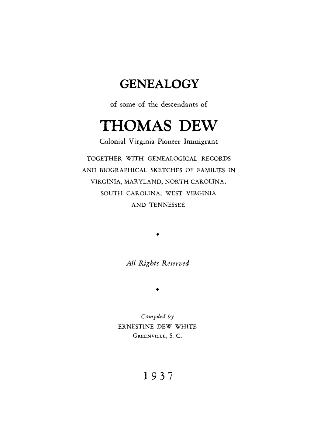 THOMAS DEW Colonial Virginia Pioneer Immigrant