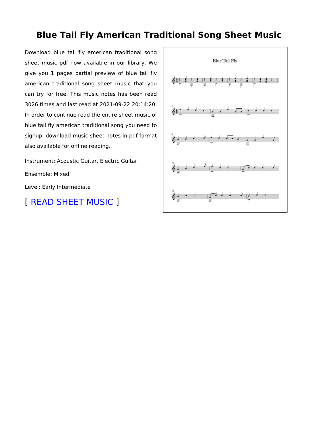 Blue Tail Fly American Traditional Song Sheet Music