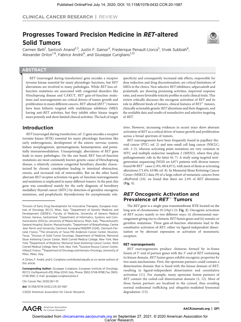 Progresses Toward Precision Medicine in RET-Altered Solid Tumors Carmen Belli1, Santosh Anand2,3, Justin F