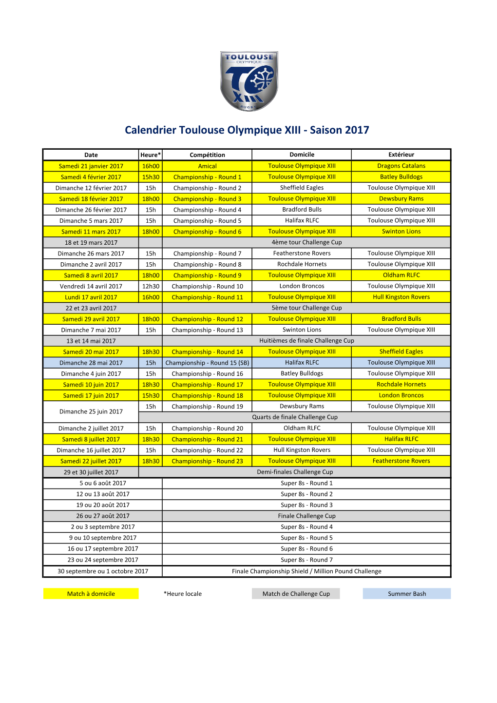 Calendrier Toulouse Olympique XIII - Saison 2017