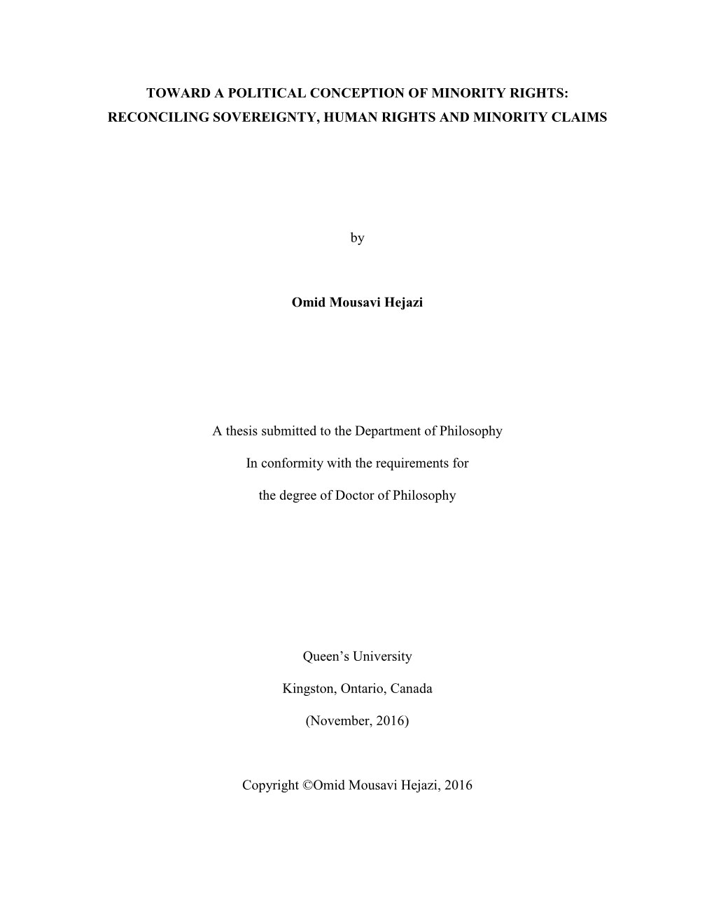 Toward a Political Conception of Minority Rights: Reconciling Sovereignty, Human Rights and Minority Claims