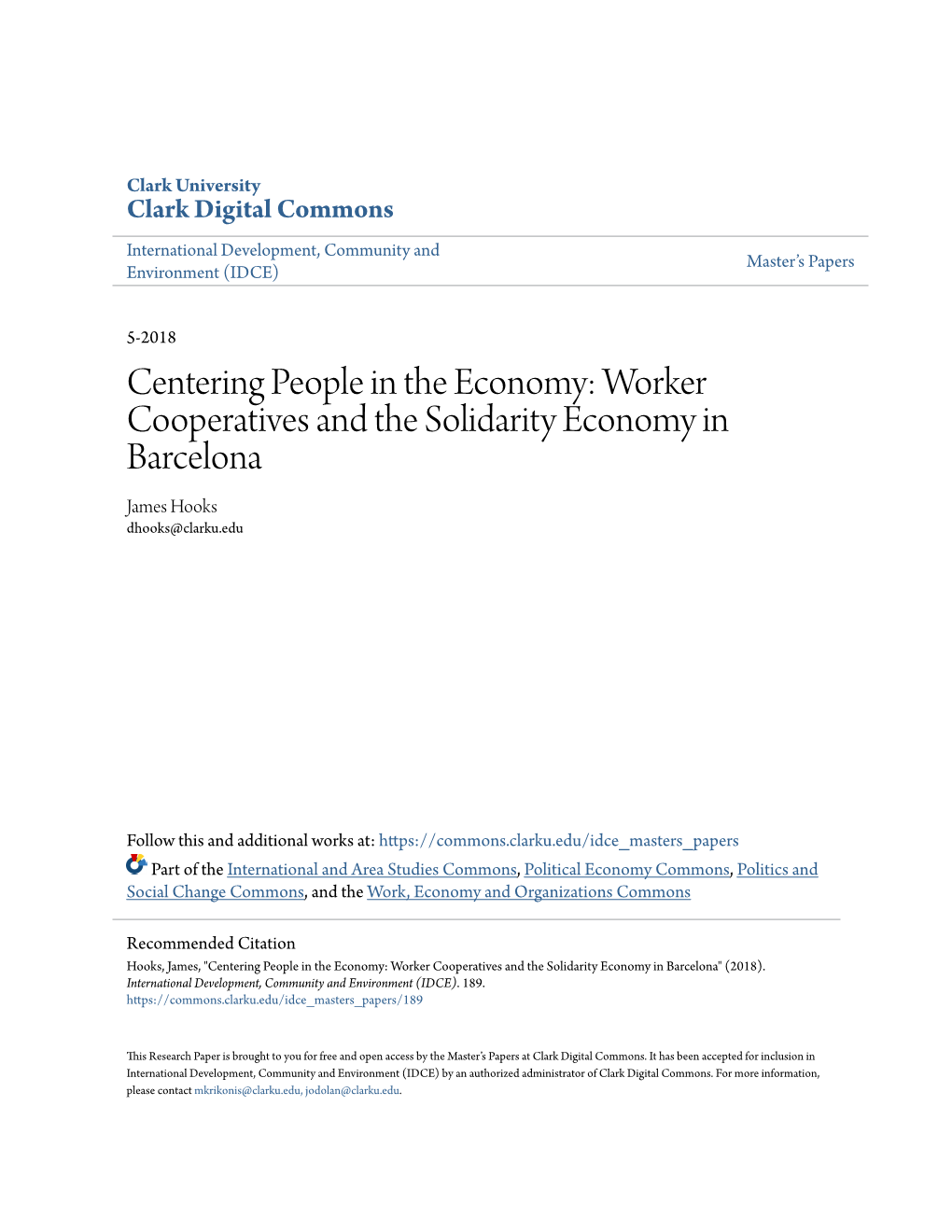 Worker Cooperatives and the Solidarity Economy in Barcelona James Hooks Dhooks@Clarku.Edu