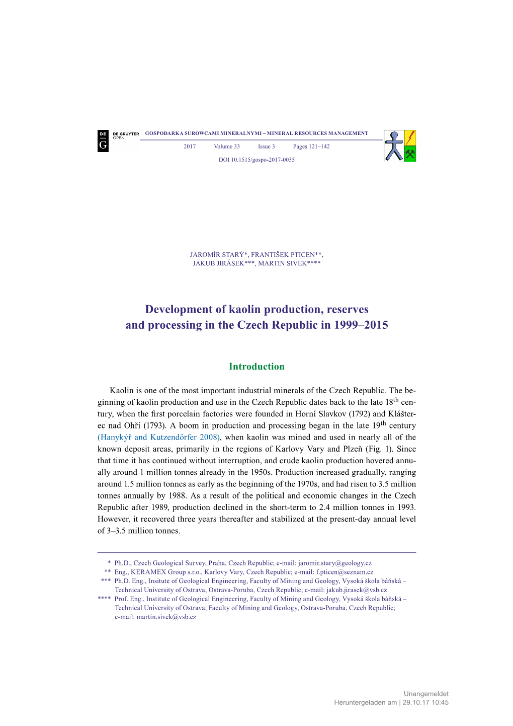 Development of Kaolin Production, Reserves and Processing in the Czech Republic in 1999–2015