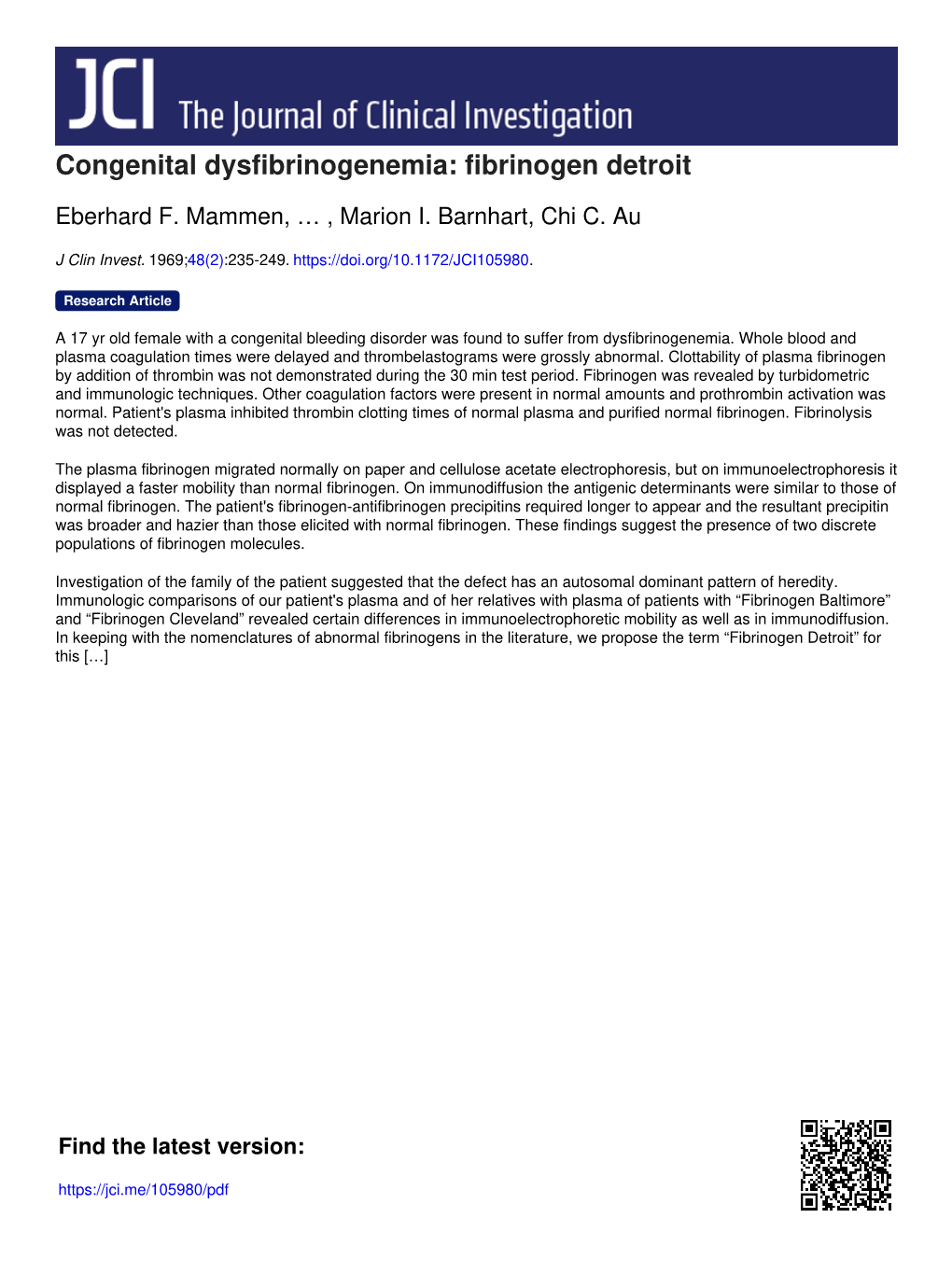 Congenital Dysfibrinogenemia: Fibrinogen Detroit