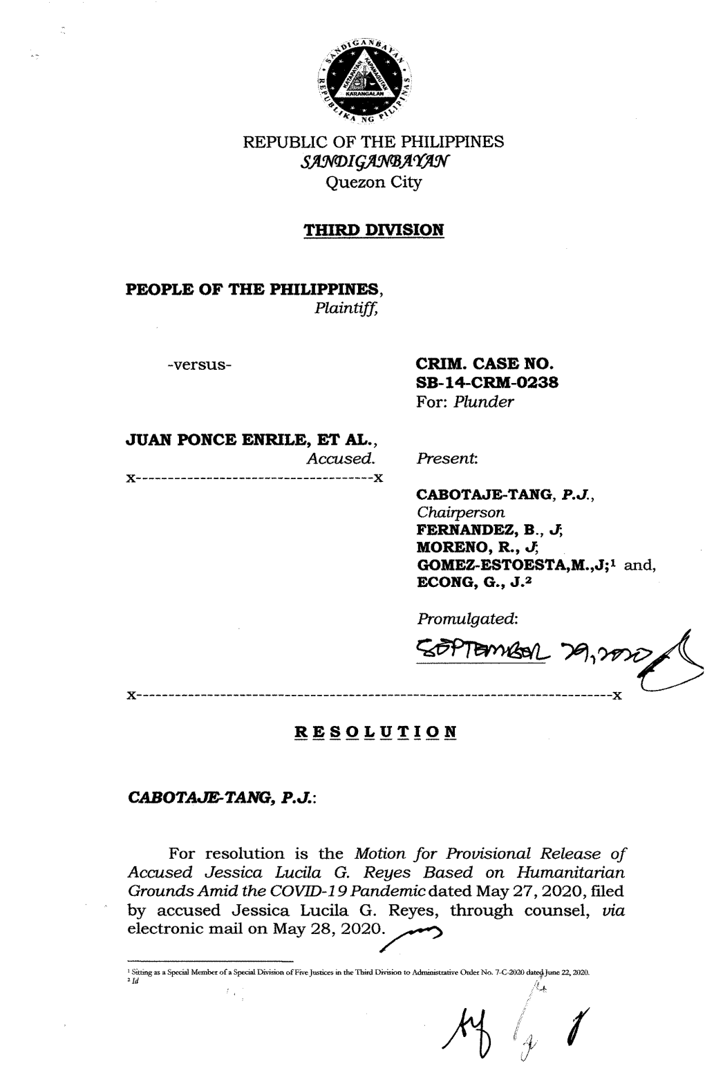 SB-14-CRM-0238 People Vs Juan Ponce Enrile, Et Al