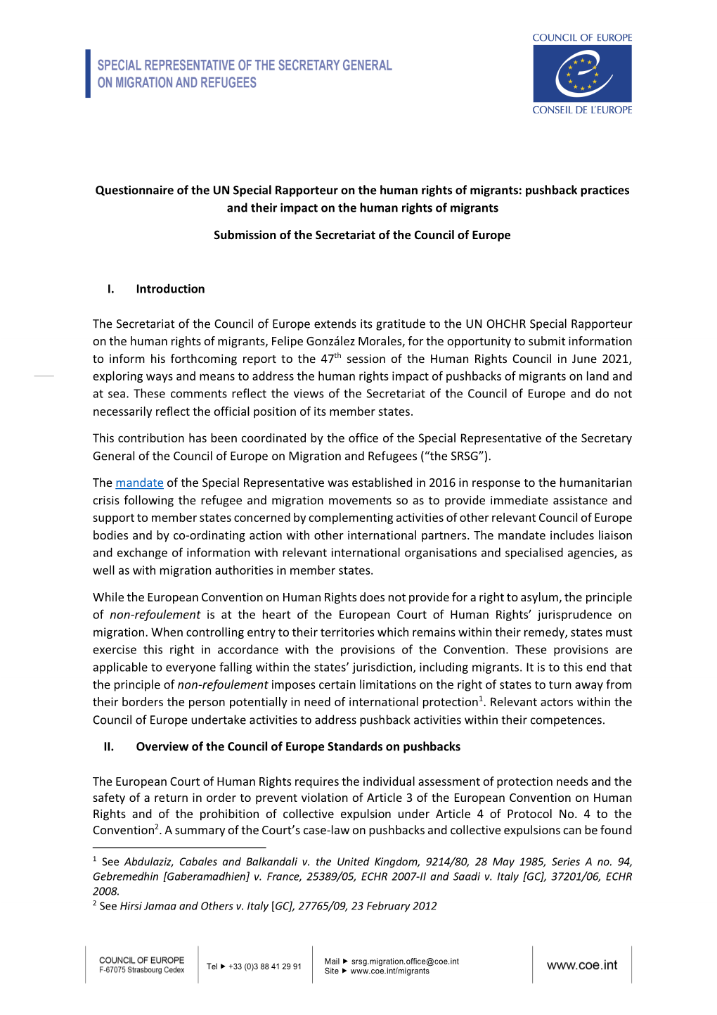 Questionnaire of the UN Special Rapporteur on the Human Rights of Migrants: Pushback Practices and Their Impact on the Human Rights of Migrants