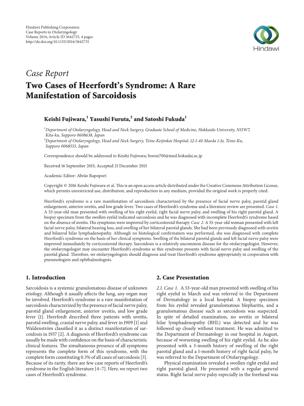 Two Cases of Heerfordt's Syndrome: a Rare Manifestation of Sarcoidosis