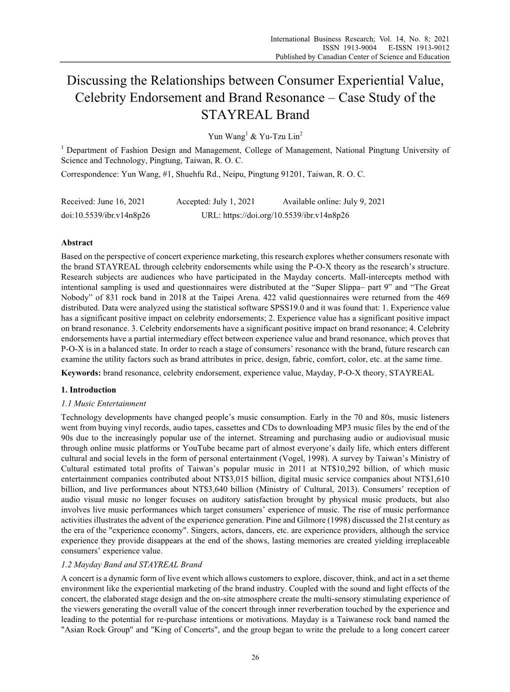 Discussing the Relationships Between Consumer Experiential Value, Celebrity Endorsement and Brand Resonance – Case Study of the STAYREAL Brand