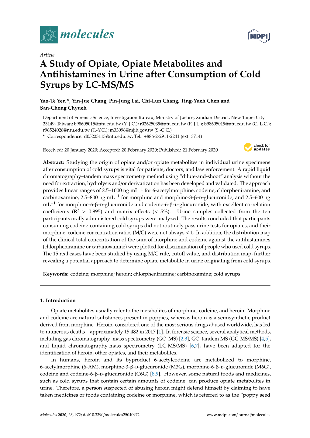 A Study of Opiate, Opiate Metabolites and Antihistamines in Urine After Consumption of Cold Syrups by LC-MS/MS