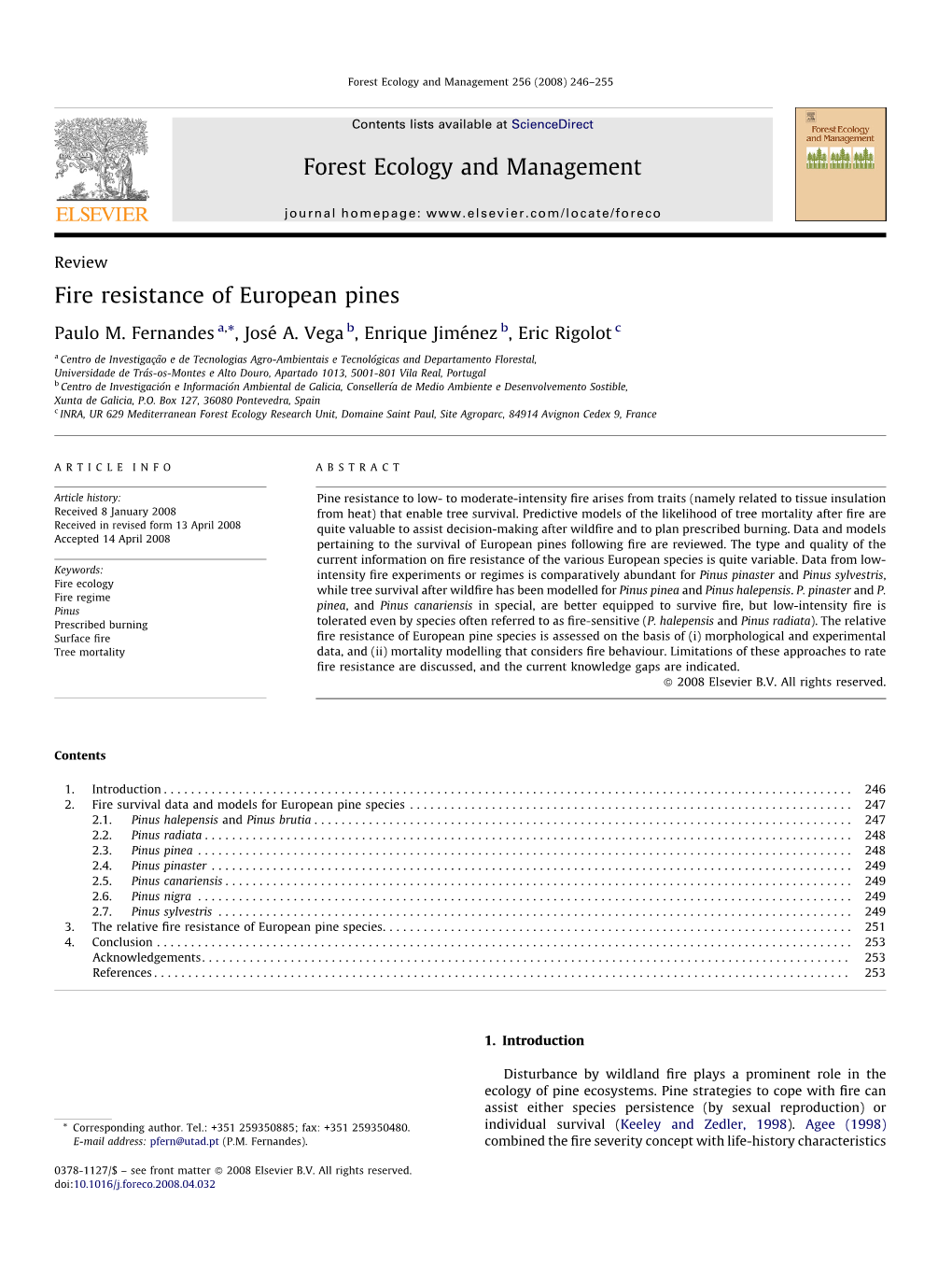 Fire Resistance of European Pines Forest Ecology and Management