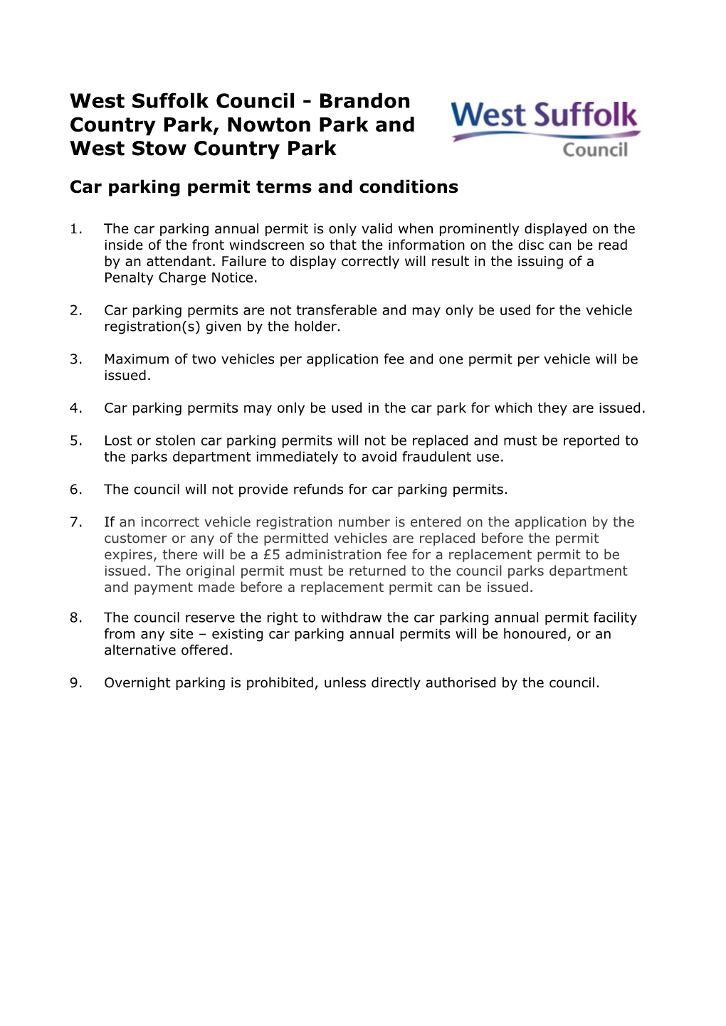 Brandon Country Park, Nowton Park and West Stow Country Park Car Parking Permit Terms and Conditions