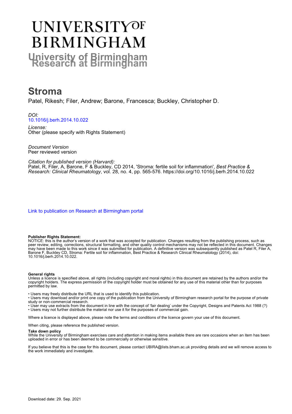 Stroma: Fertile Soil for Inflammation', Best Practice & Research: Clinical Rheumatology, Vol