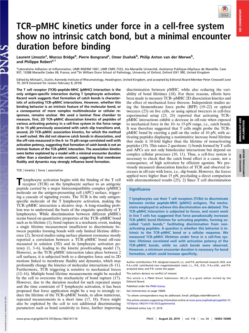 TCR–Pmhc Kinetics Under Force in a Cell-Free System Show No Intrinsic Catch Bond, but a Minimal Encounter Duration Before Bind