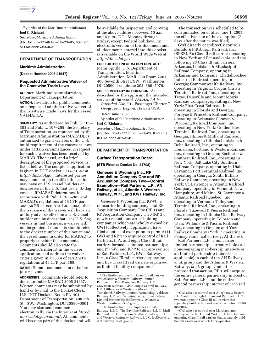 Federal Register/Vol. 70, No. 121/Friday, June 24, 2005/Notices