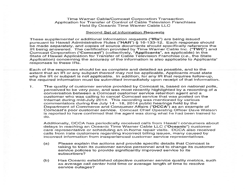 Time Warner Cable/Comcast Corporation Transaction Application for Transfer of Control of Cable Television Franchises Held by Oceanic Time Warner Cable LLC