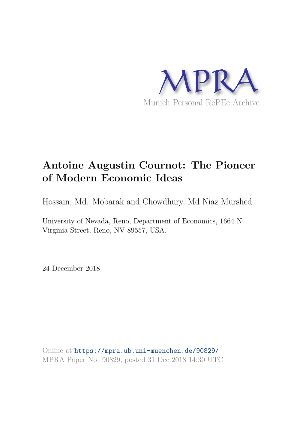 Antoine Augustin Cournot: the Pioneer of Modern Economic Ideas