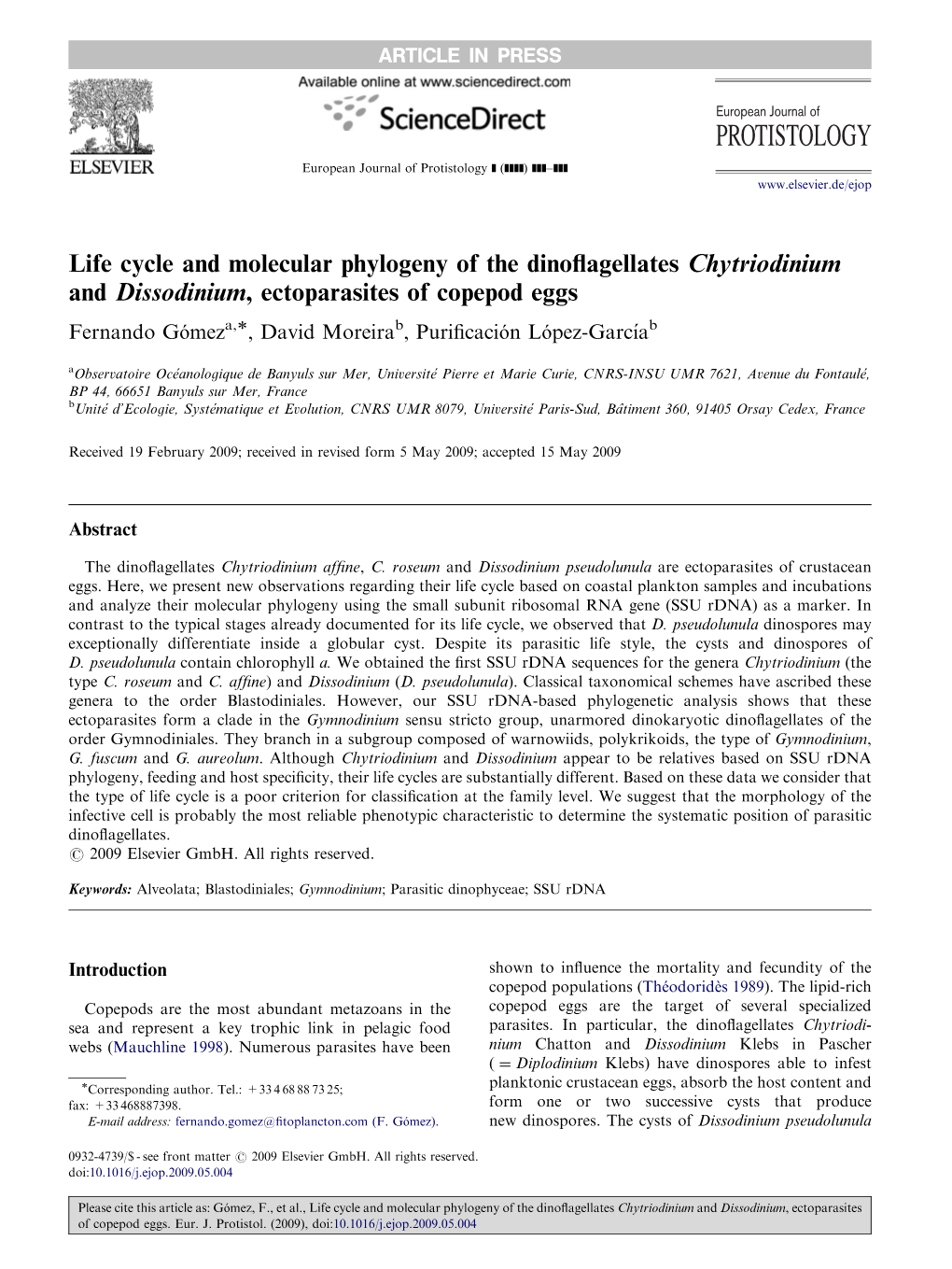 Life Cycle and Molecular Phylogeny of the Dinoflagellates Chytriodinium