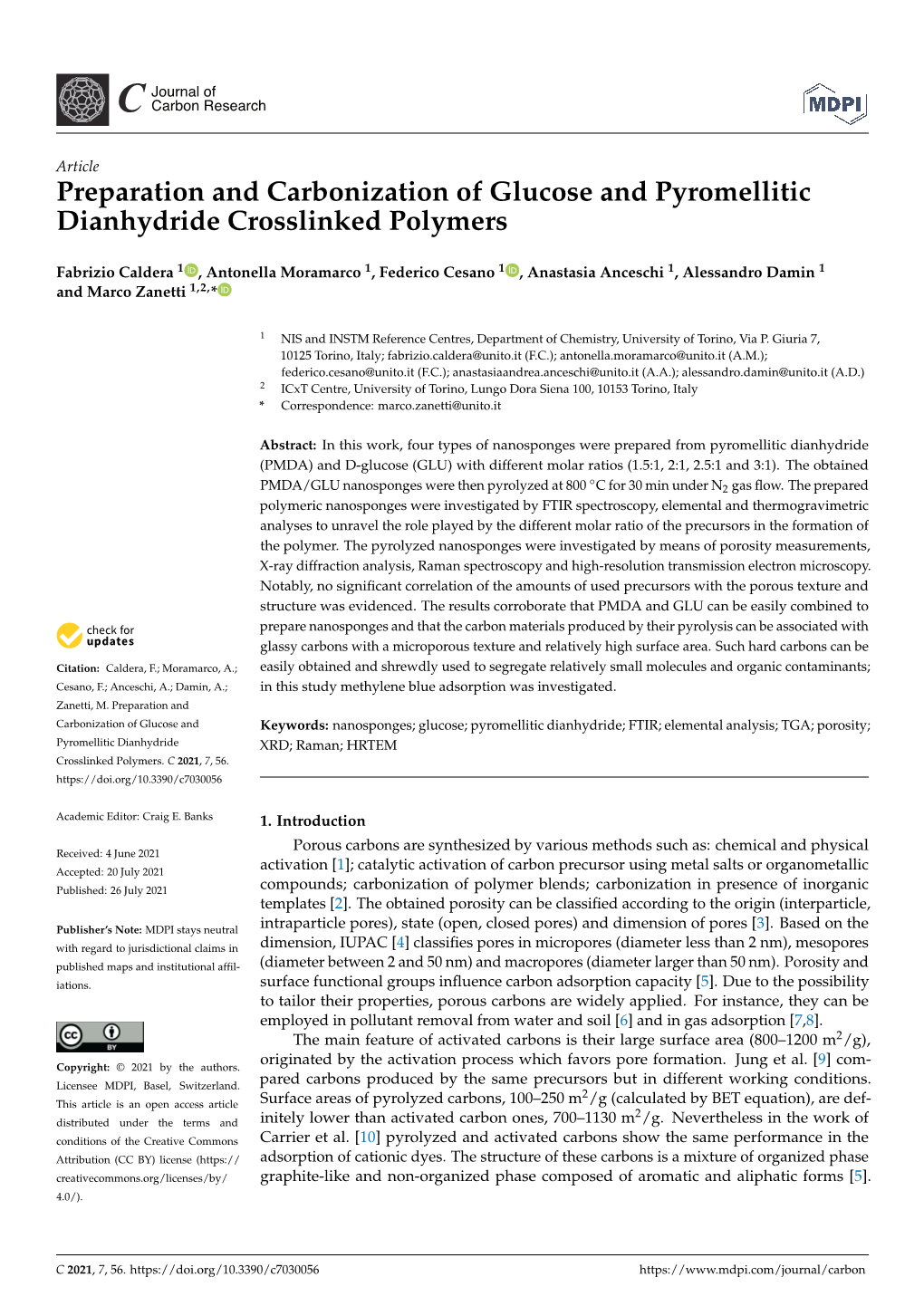 Preparation and Carbonization of Glucose and Pyromellitic Dianhydride Crosslinked Polymers