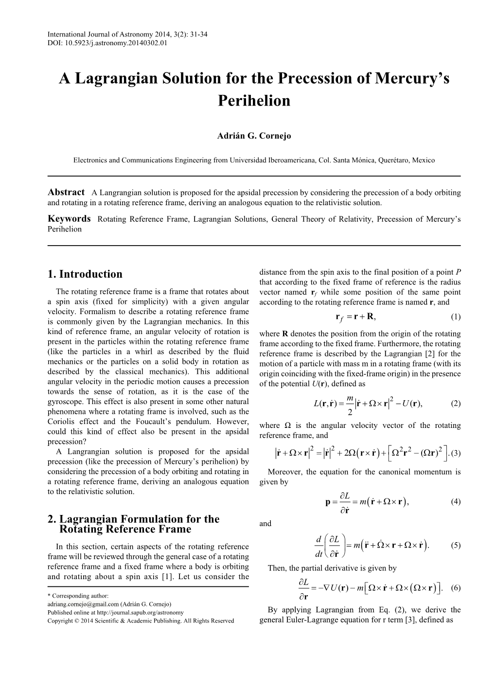 A Lagrangian Solution for the Precession of Mercury's Perihelion