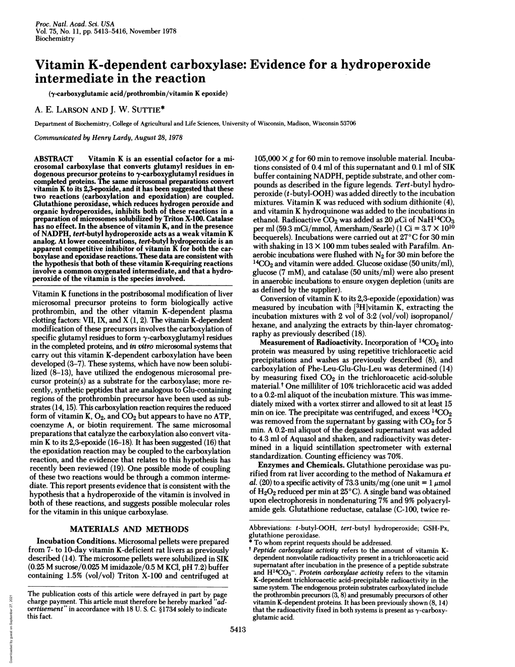 Evidence for a Hydroperoxide Intermediate in the Reaction ('Y-Carboxyglutamic Acid/Prothrombin/Vitamin K Epoxide) A