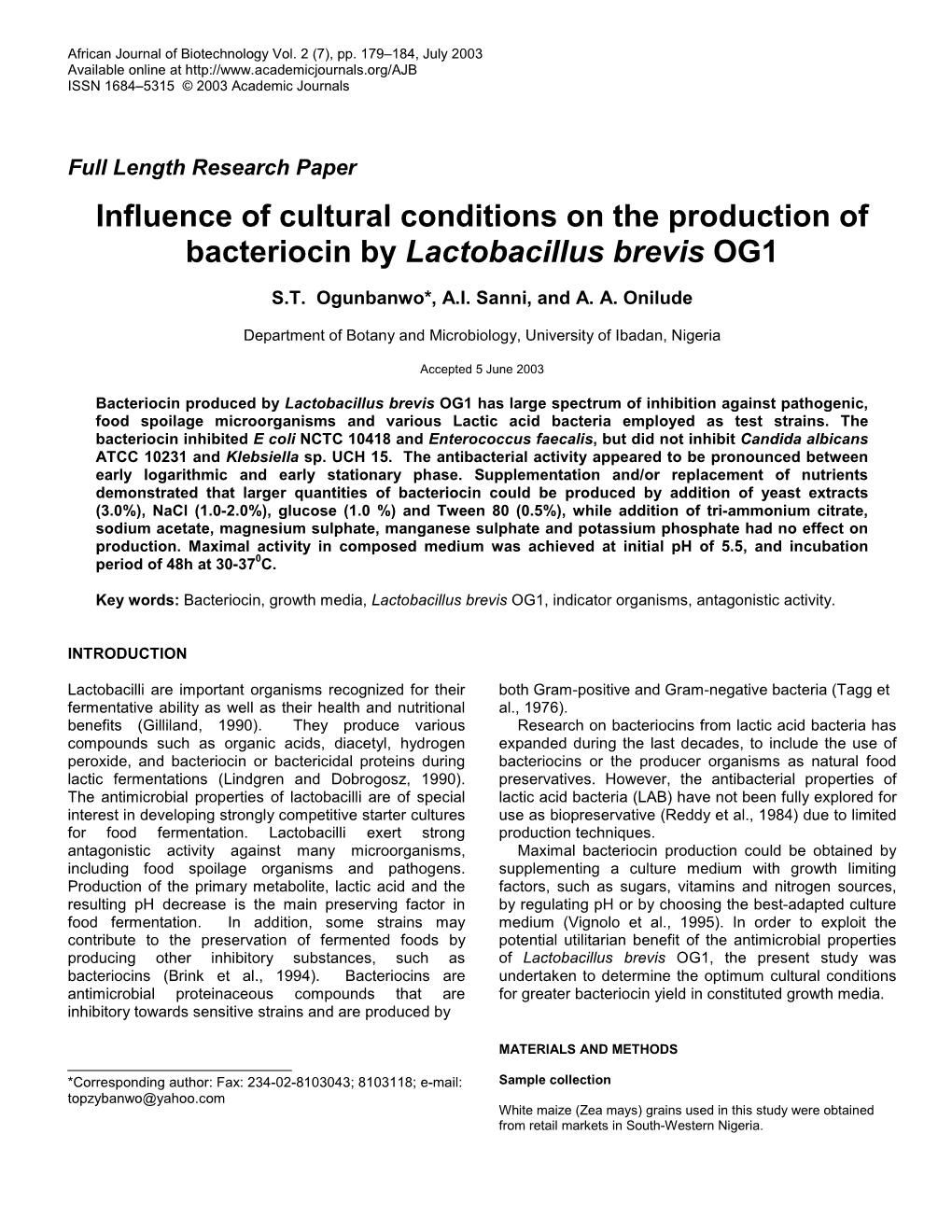 Influence of Cultural Conditions on the Production of Bacteriocin by Lactobacillus Brevis OG1