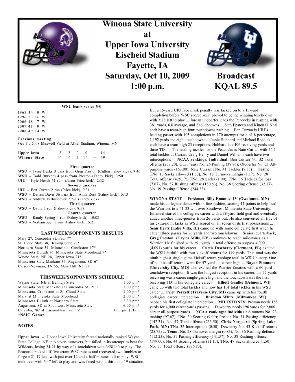 Winona State University at Upper Iowa University Eischeid Stadium Fayette, IA Saturday, Oct 10, 2009 Broadcast 1:00 P.M