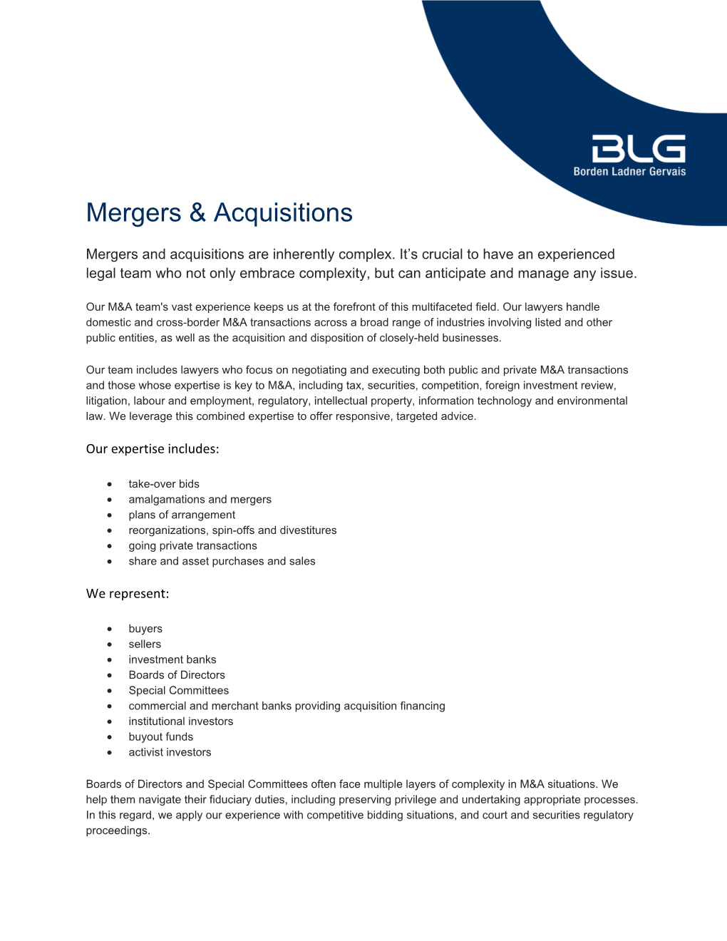 BLG Has Been Involved in Many Mergers, Acquisitions, Divestitures, Spin-Offs and Restructurings