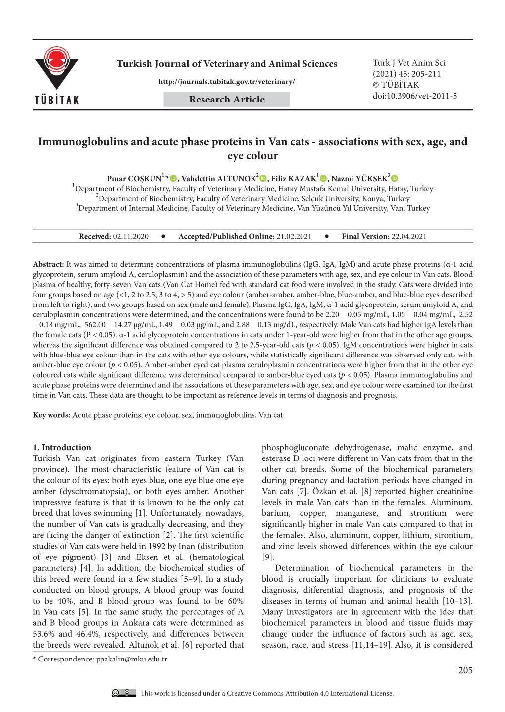 Immunoglobulins and Acute Phase Proteins in Van Cats - Associations with Sex, Age, and Eye Colour