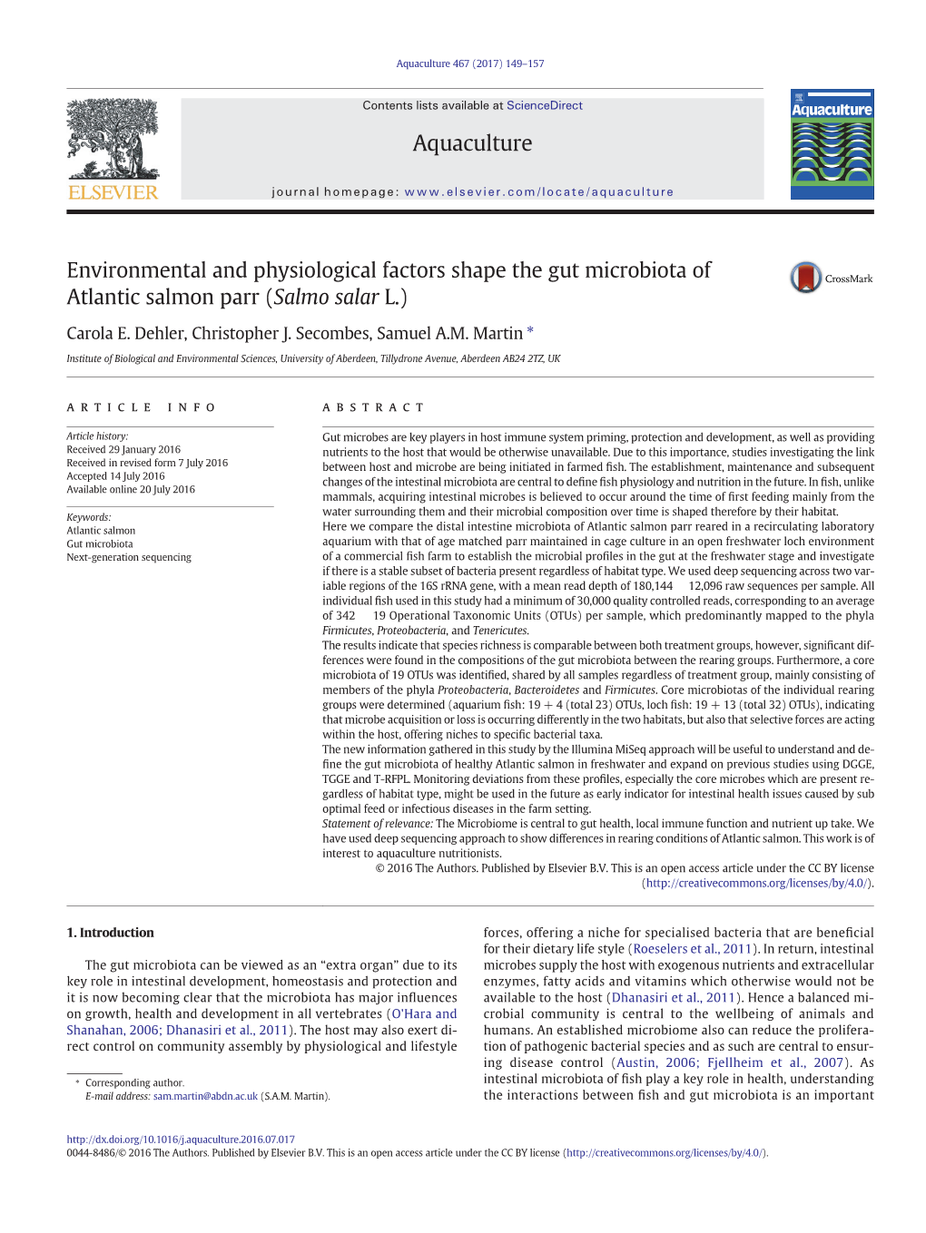 Environmental and Physiological Factors Shape the Gut Microbiota of Atlantic Salmon Parr (Salmo Salar L.)