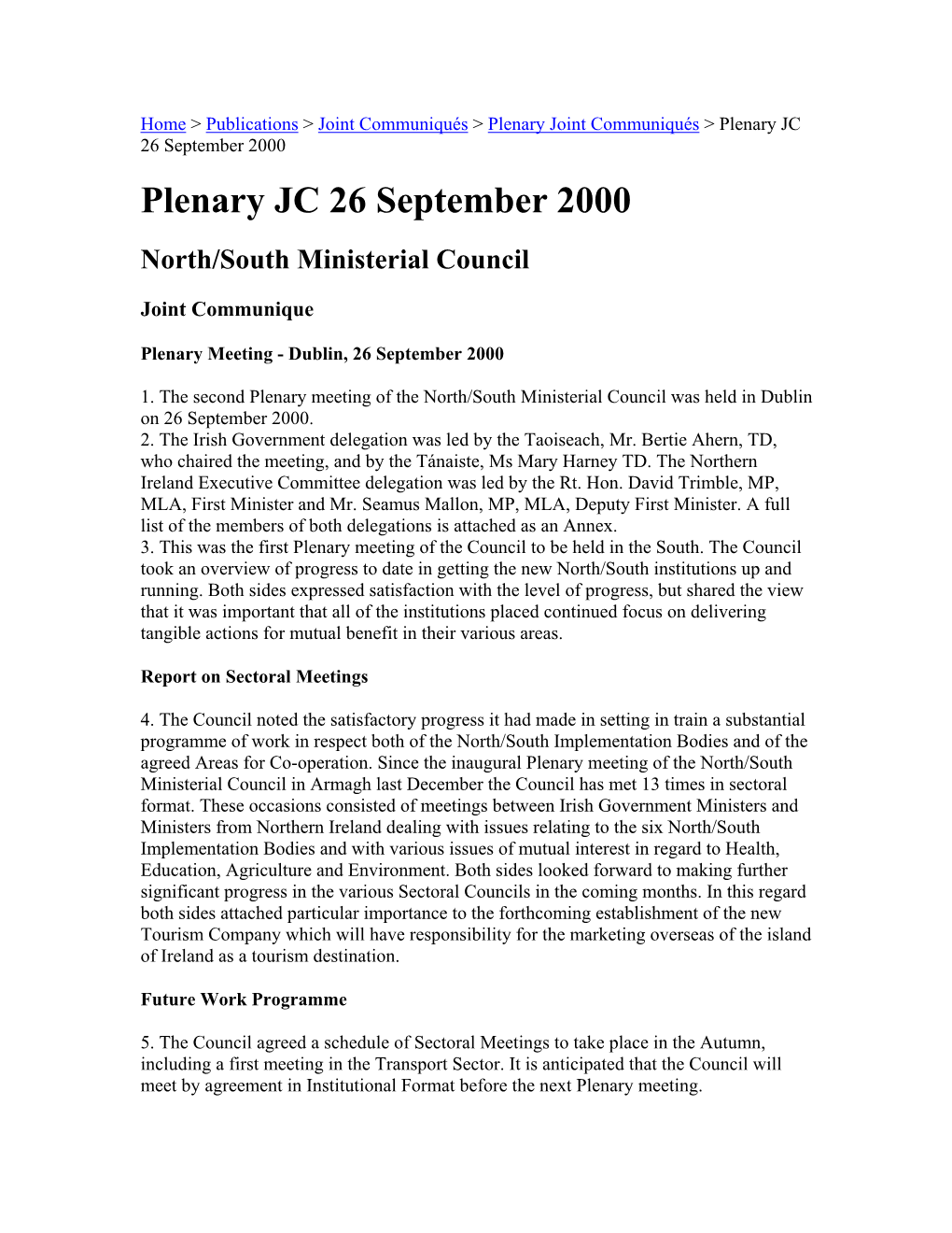 Plenary JC 26 September 2000 Plenary JC 26 September 2000 North/South Ministerial Council