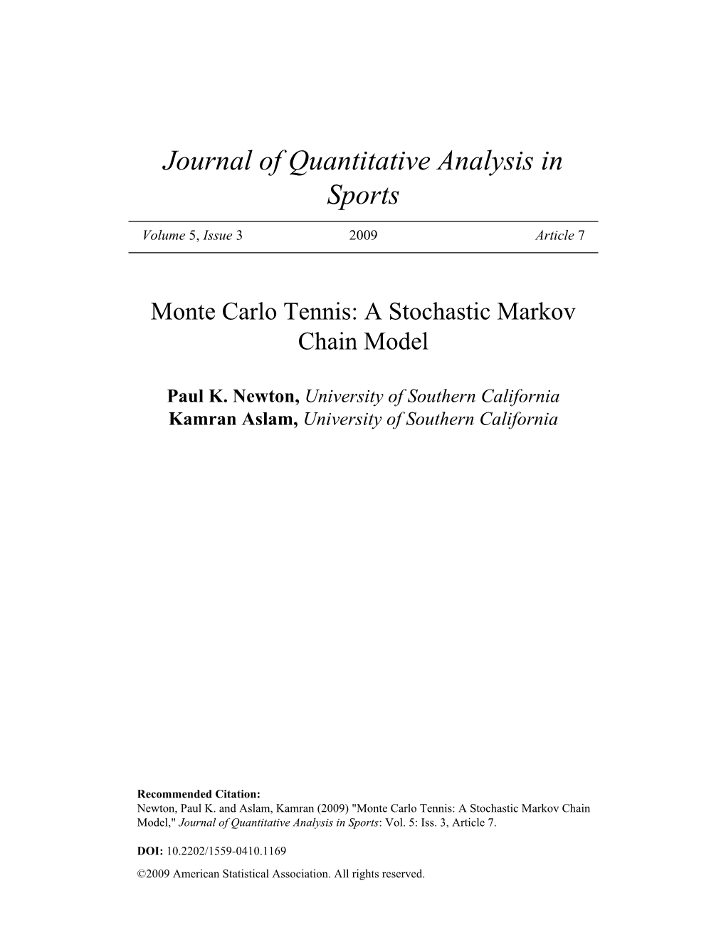 Monte Carlo Tennis: a Stochastic Markov Chain Model